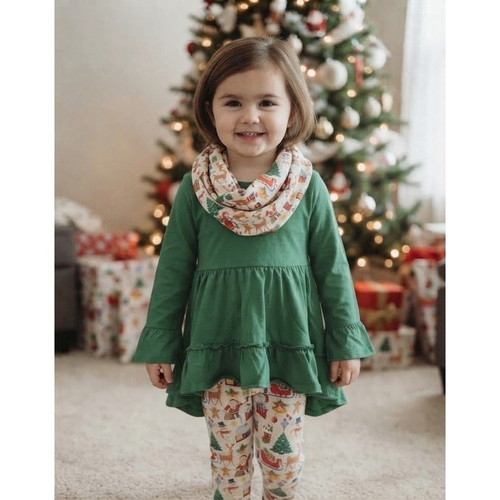 Angeline Girls 12-18M  Christmas Ruffle Tunic Leggings Scarf 3pc  Green Holiday